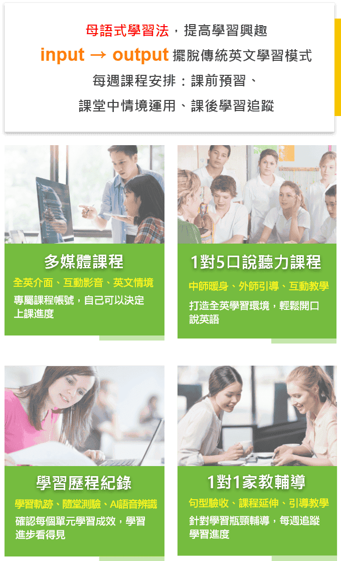 ”洋碩美語母語式學習法:擺脫傳統英文學習模式” ”母語式學習法:擺脫傳統英文學習模式,課前預習、課堂情境運用、課後學習追蹤”